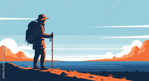 Adventurer Staring At The Horizon During A Hike, Beautiful Landscape Illustration