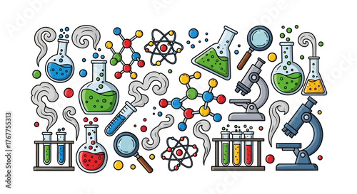 Colorful science themed doodle pattern featuring laboratory glassware and molecular structures