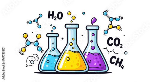Vibrant science illustration with beakers, molecules, and colorful liquid experiments for education