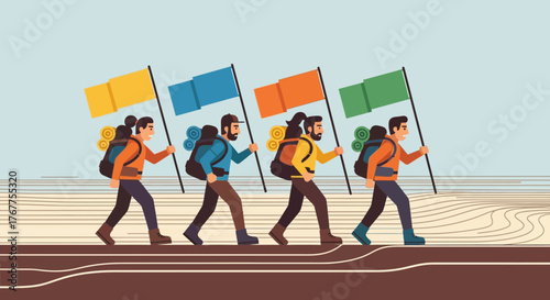 Adventurers Marching With Flags Across A Desert Landscape Demonstrating Teamwork and Exploration