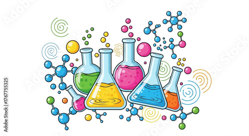 Colorful scientific illustration featuring laboratory beakers and molecules, ideal for education