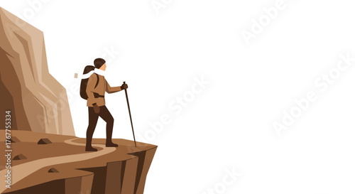 Adventurer Stood on Edge Witnessing Unexplored Landscape and Magnificent Open Space