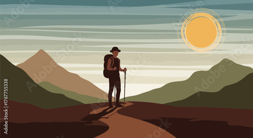 Adventurer Strolls Across Ridge Beneath Setting Sun, Landscape Illustration Design