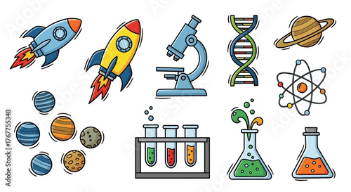 Whimsical Science and Exploration Illustration: Cartoon Rockets, DNA, and Laboratory