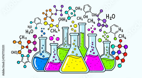 Vibrant chemistry glassware and molecule illustrations create playful visual laboratory atmosphere
