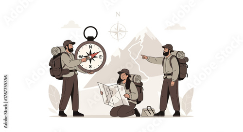 Adventurers Utilizing Navigation Tools To Find Their Way During The Wilderness Expedition