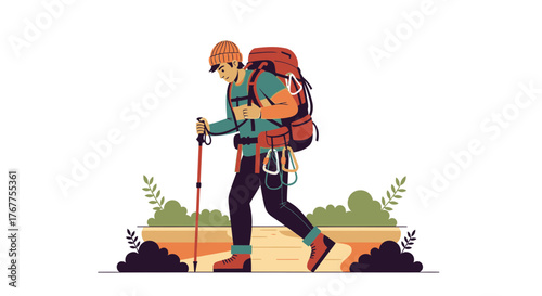 Adventurer Strolling With Hiking Gear On A Path With Backpack And A Trekking Pole
