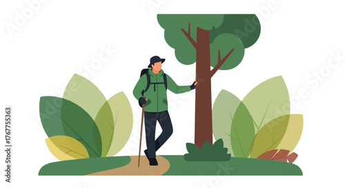 Adventurer Strolling Alongside Tree During A Peaceful Recreation Walk Through Woods