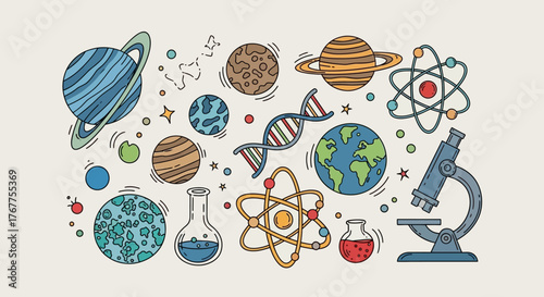 Hand drawn science themed elements showcasing planets, atoms, dna and laboratory tools