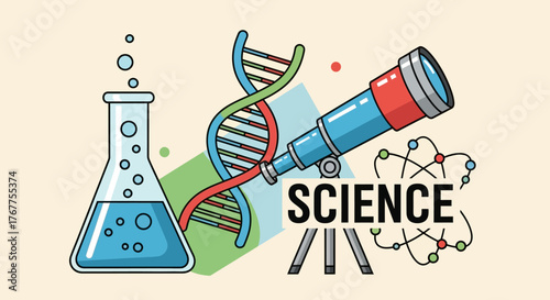 Colorful science elements depicting laboratory glassware, dna strand, and astronomical telescope
