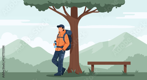 Adventurer Taking Rest Alone Amidst Scenic Mountains Underneath Giant Tree Branch