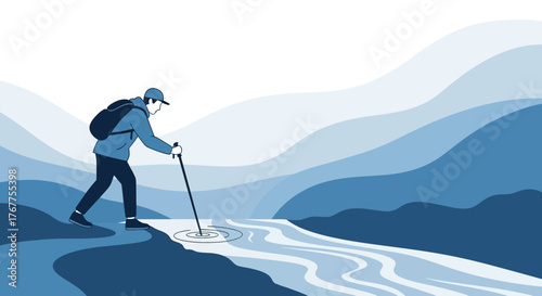 Adventurer Traversing a River in Serene Mountain Landscape Conceptual Illustration Depiction