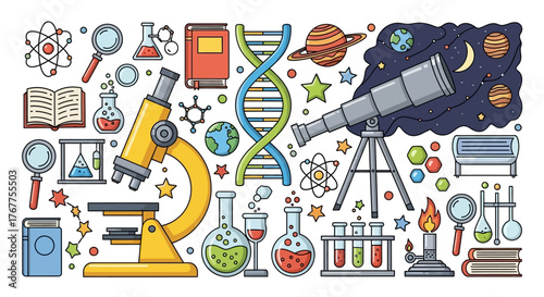 Collection of science themed vector illustration with microscope, telescope, molecules, books and