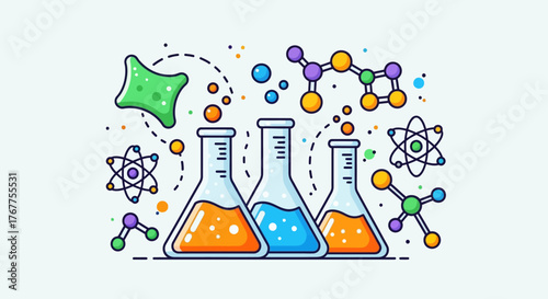 Colorful chemistry lab illustration with beakers molecules and atom symbols for scientific
