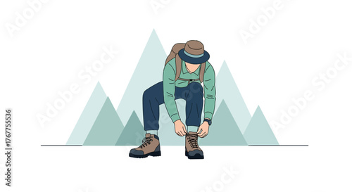 Adventurer Tying Boots in Front of Mountain Peaks, Ready for Outdoor Trekking Activity
