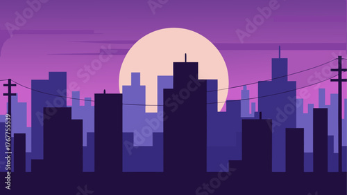 Flat design cityscape at dusk with a large moon and purple sky