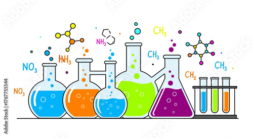 Colorful laboratory glassware filled with vibrant liquids and molecular structures displayed on