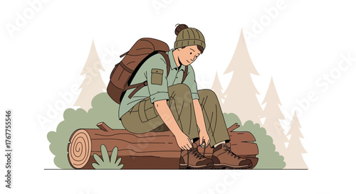 Adventurer Tying Boots in Nature, Resting on a Log Ready For Adventure