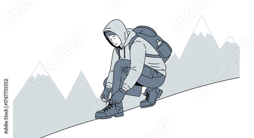 Adventurer Tying Boots in Preparation for Mountain Trekking Journey Ascending Peaks