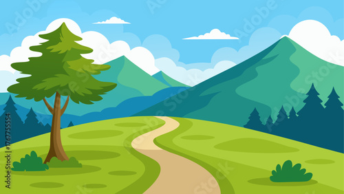 Scenic mountain landscape with a winding path and a lone tree