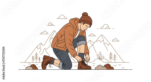 Adventurer Tying Boots in Preparation for Trek with Mountains and Nature Behind