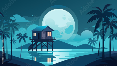 Tropical stilt house illuminated by a large full moon at night