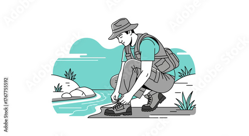 Adventurer Tying Boots Near Water, Preparing for Hiking Adventure and Outdoor Exploration