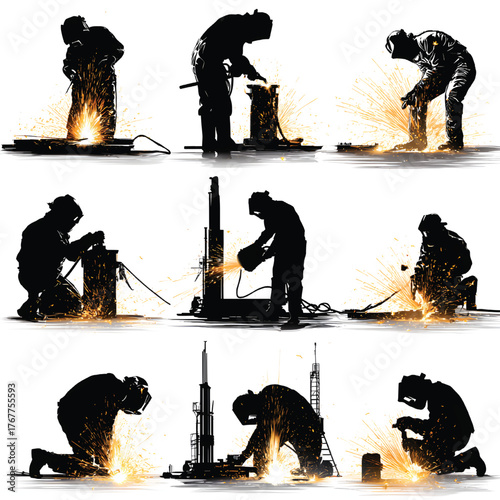 Silhouetted welders working with sparks flying in various industrial settings