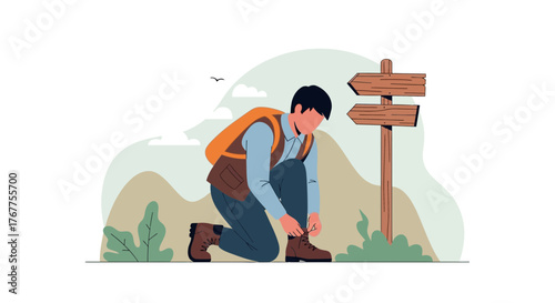 Adventurer Tying Boots Preparing For A Journey At A Wooden Signpost in Nature