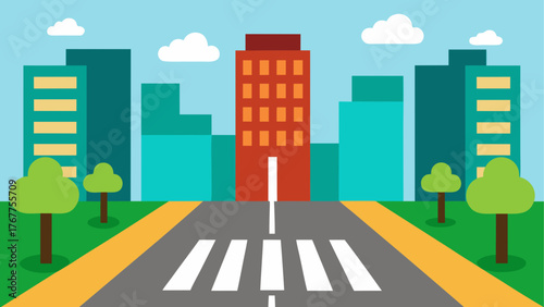 Cartoon cityscape with buildings trees and a crosswalk
