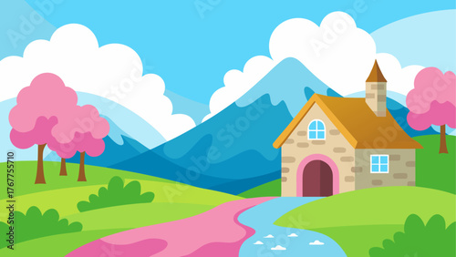 Charming cartoon house nestled in a vibrant landscape with mountains and pink trees