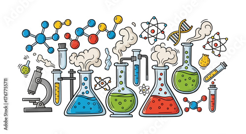 Cartoon laboratory equipment and molecular structures symbolizing scientific experiments and
