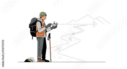 Adventurer Using A Compass To Navigate A Winding Path Towards Distant Mountains