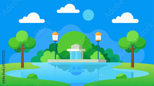 Flat design park with a pond and fountain on a sunny day