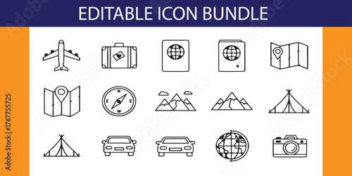 Travel icons airplane suitcase passport map compass mountains tent car globe camera