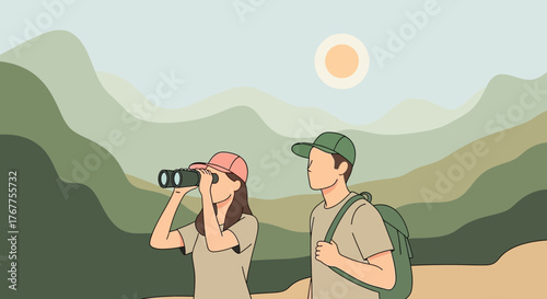 Adventurous Couple Exploring Mountaintops With Binoculars During a Scenic Hike