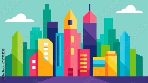 Colorful modern city skyline with geometric buildings and clouds