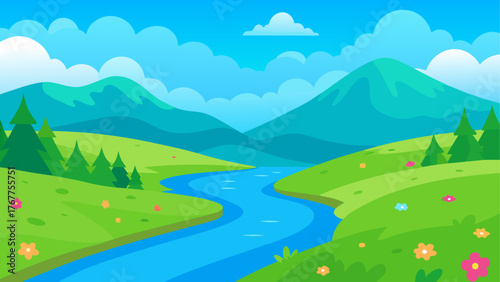Vibrant cartoon landscape with rolling green hills and a winding blue river