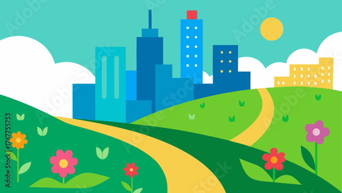 Stylized cityscape with rolling green hills and flowers