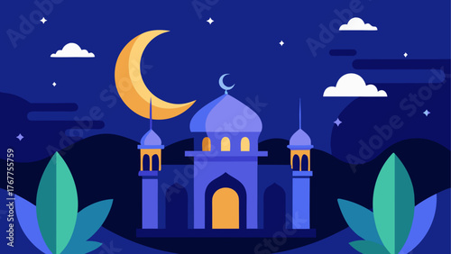 Flat design illustration of a mosque at night with a crescent moon and stars