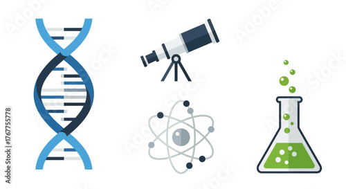 Scientific exploration icons showcasing dna, telescope, atom model and chemical flask symbols