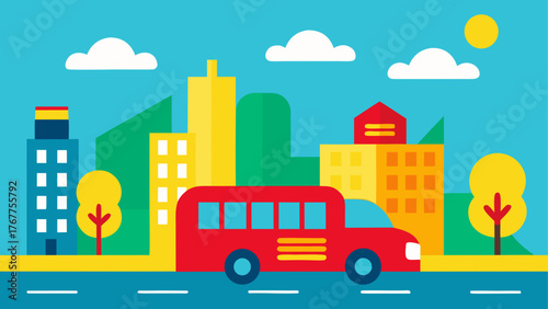 Flat design illustration of a red bus in a colorful city with buildings and trees