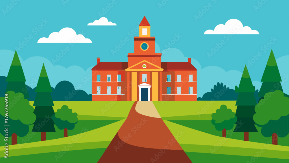 Naklejka premium Flat design illustration of a classic university building with a clock tower and trees