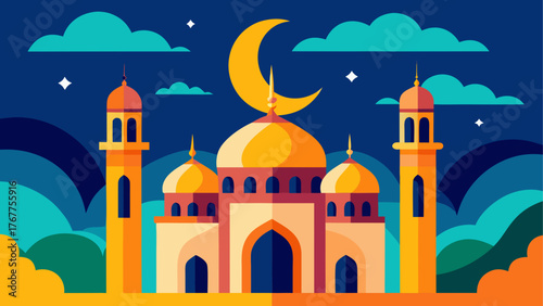 Stylized islamic mosque with crescent moon and stars at night
