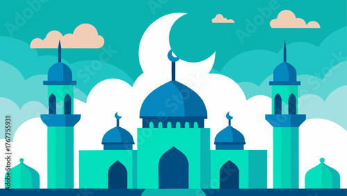 Stylized mosque with crescent moon and clouds