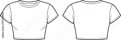 Fitted Crew Neck Crop Top Flat Fashion Sketch Technical CAD Drawing Short Sleeve T-Shirt Vector Illustration