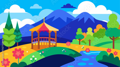 Vibrant flat design landscape with gazebo and mountains