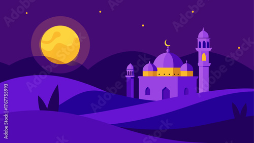 Stylized islamic mosque silhouette under a large moon at night