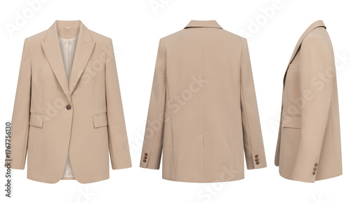 Quadro em tela Beige woman blazer three angles front back and side fashion concept