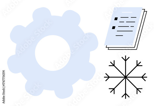 Large gear, snowflake, and stacked documents symbolize workflow, precision, and winter themes. Ideal for process management, technology, weather, engineering organization documentation